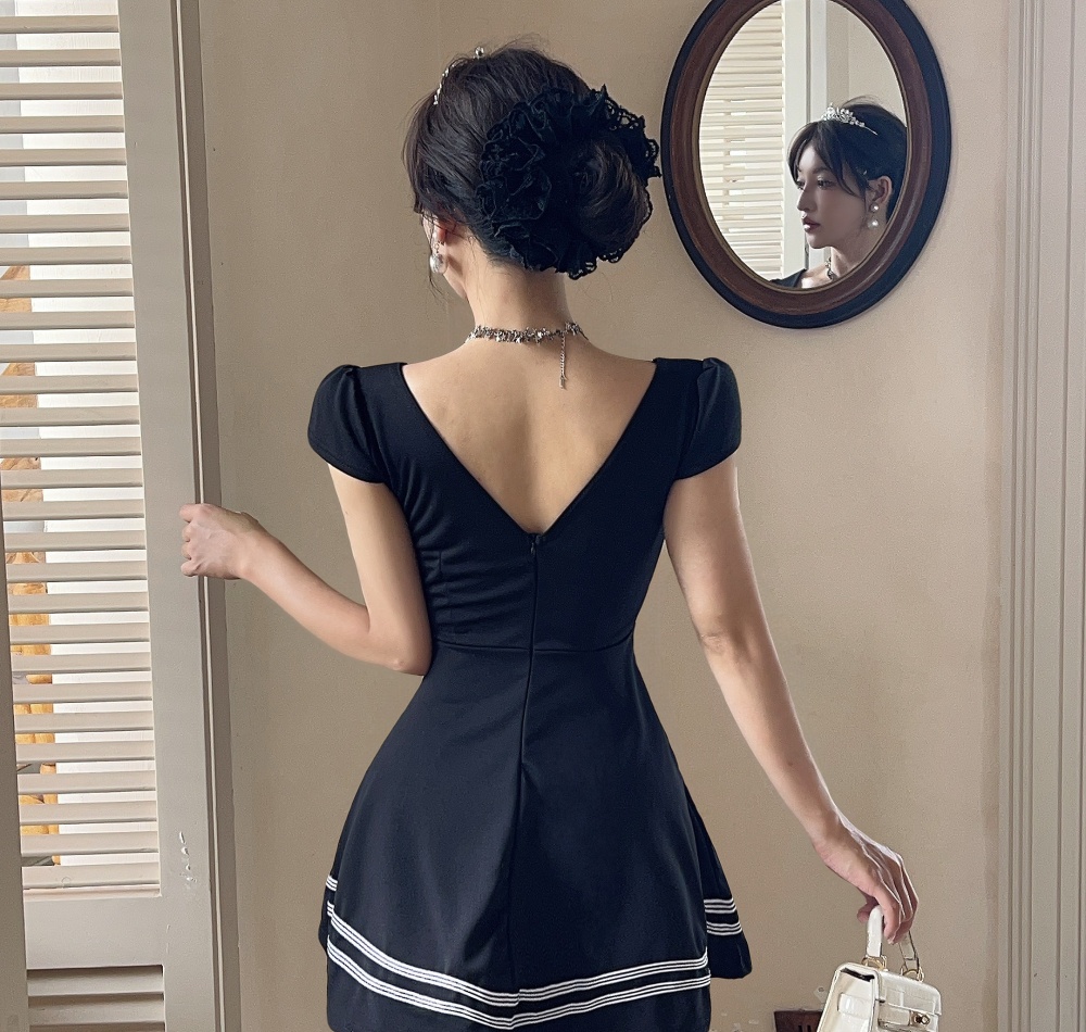 Splice big skirt stripe short sleeve bottoming dress