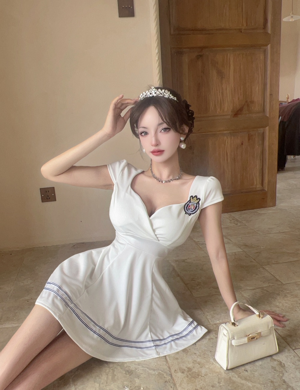 Splice big skirt stripe short sleeve bottoming dress