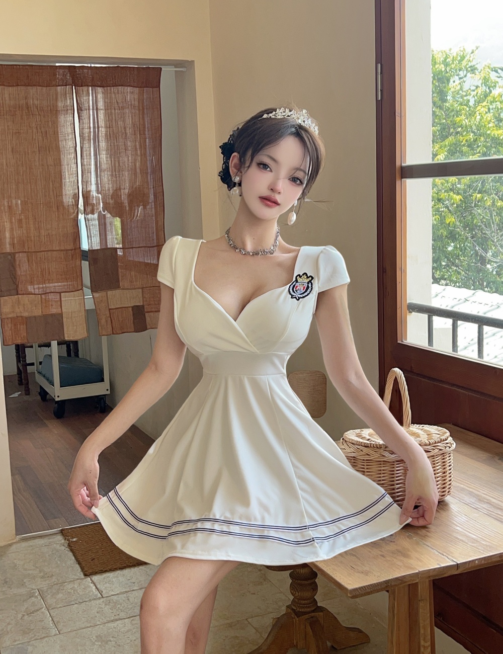 Splice big skirt stripe short sleeve bottoming dress