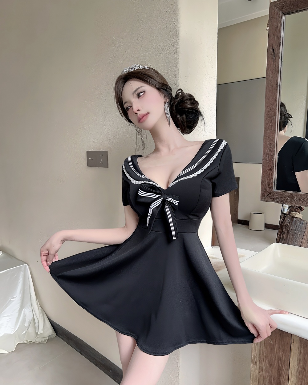 Pinched waist short sleeve dress lapel Woolen dress