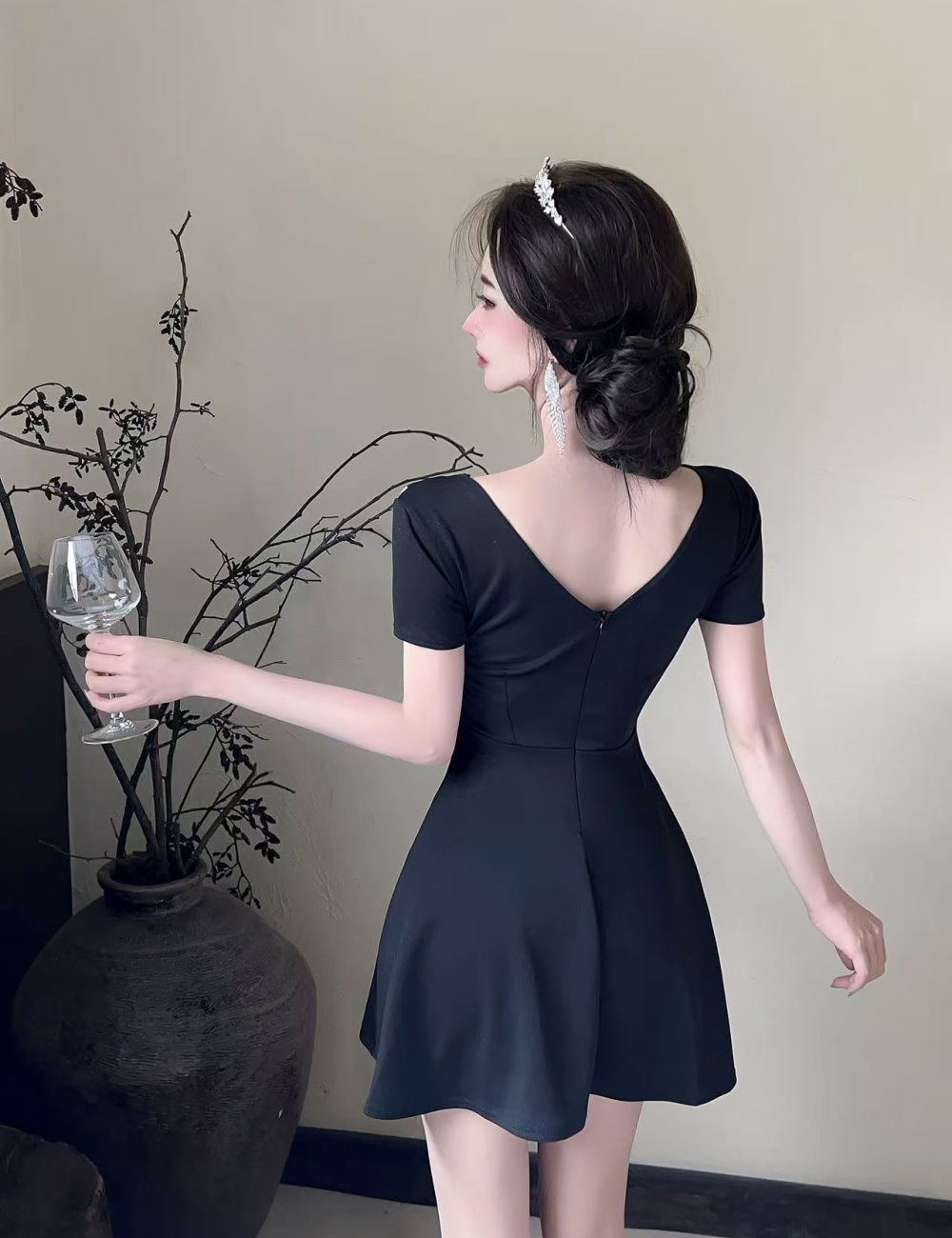 Pinched waist short sleeve dress lapel Woolen dress