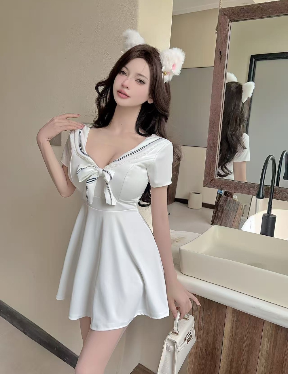 Pinched waist short sleeve dress lapel Woolen dress