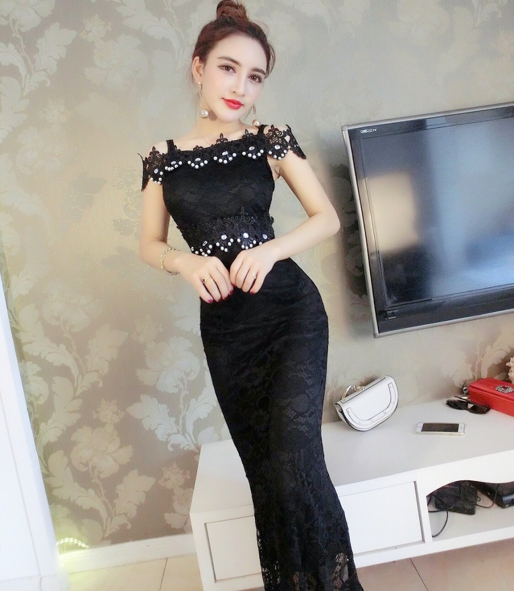 Lace horizontal collar mermaid dress slim sexy evening dress