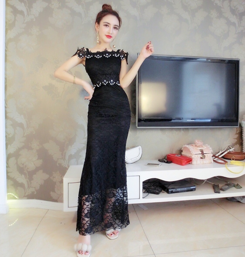 Lace horizontal collar mermaid dress slim sexy evening dress