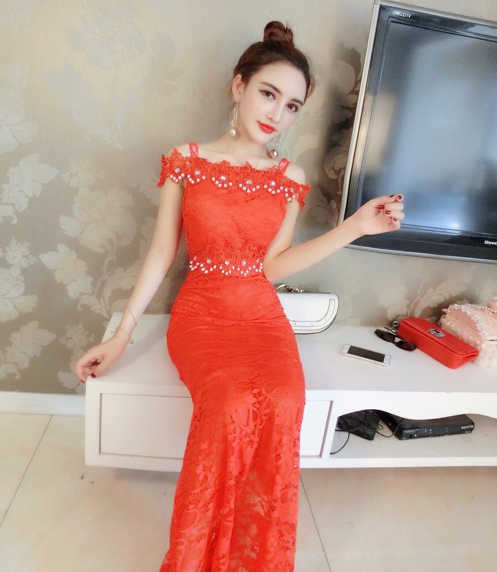 Lace horizontal collar mermaid dress slim sexy evening dress