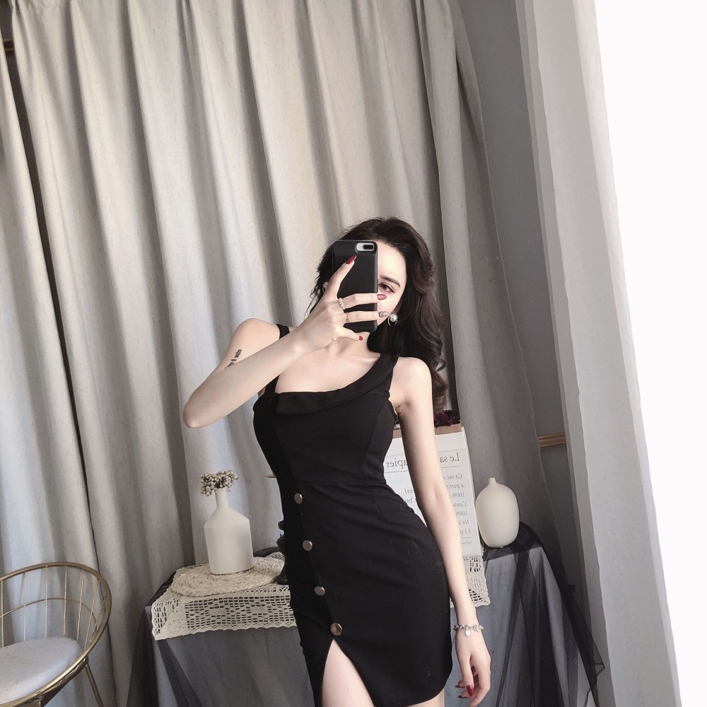 Sling slim buckle decoration skirt hem irregular dress