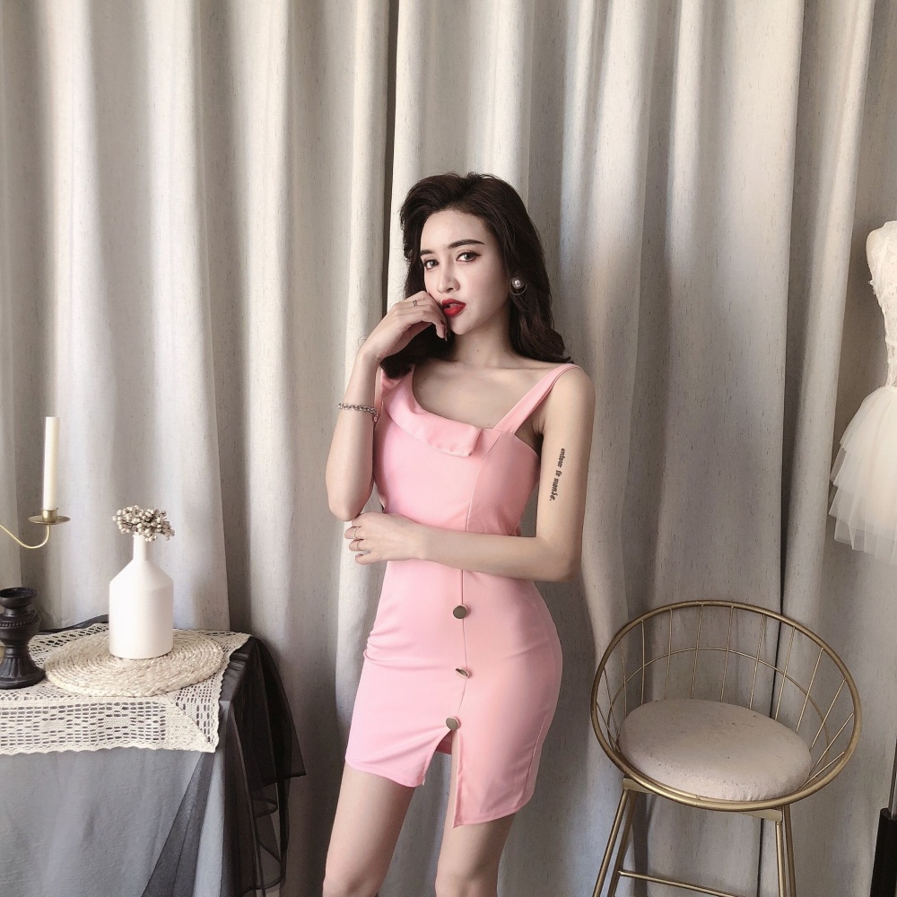 Sling slim buckle decoration skirt hem irregular dress