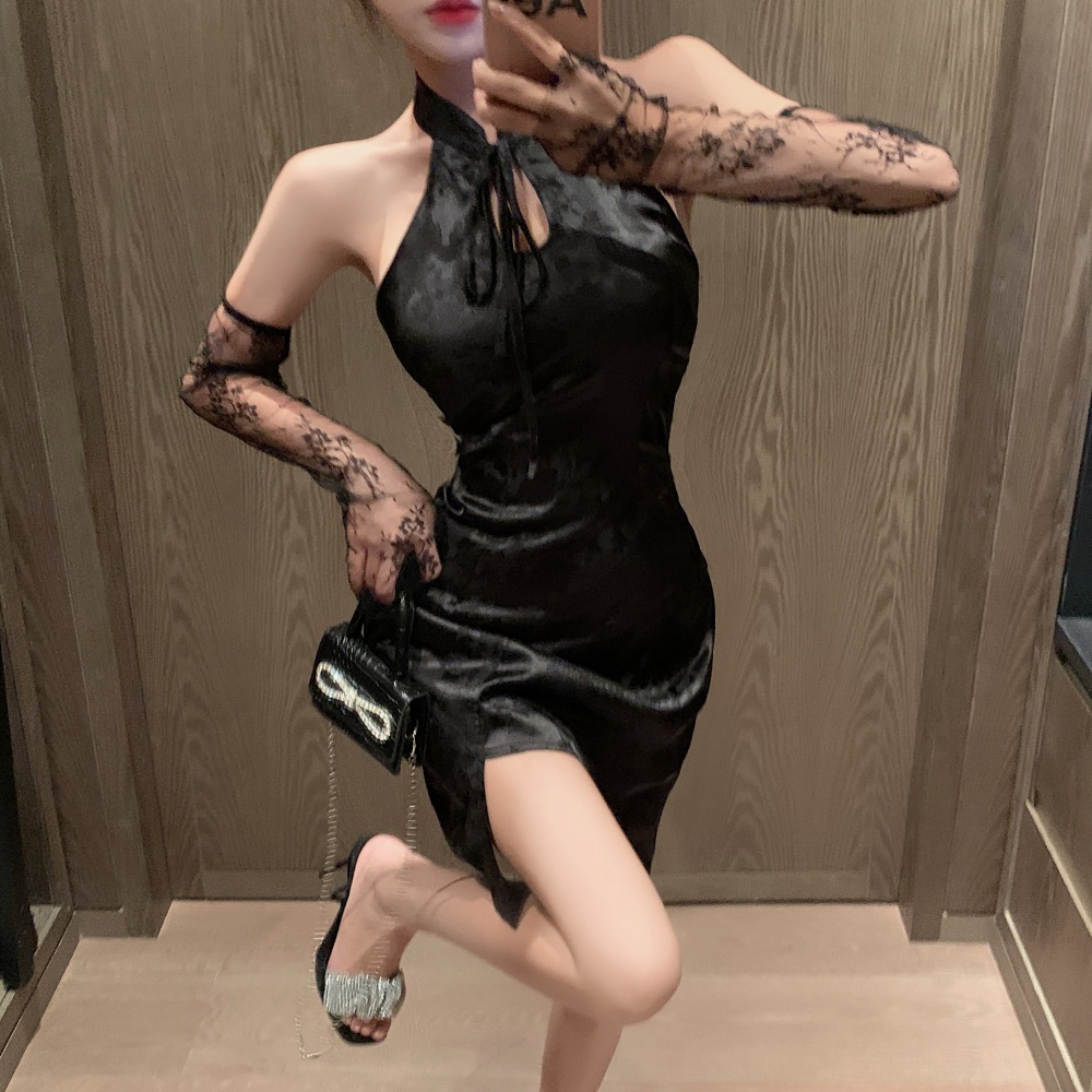 With cuff black cheongsam slim halter dress for women