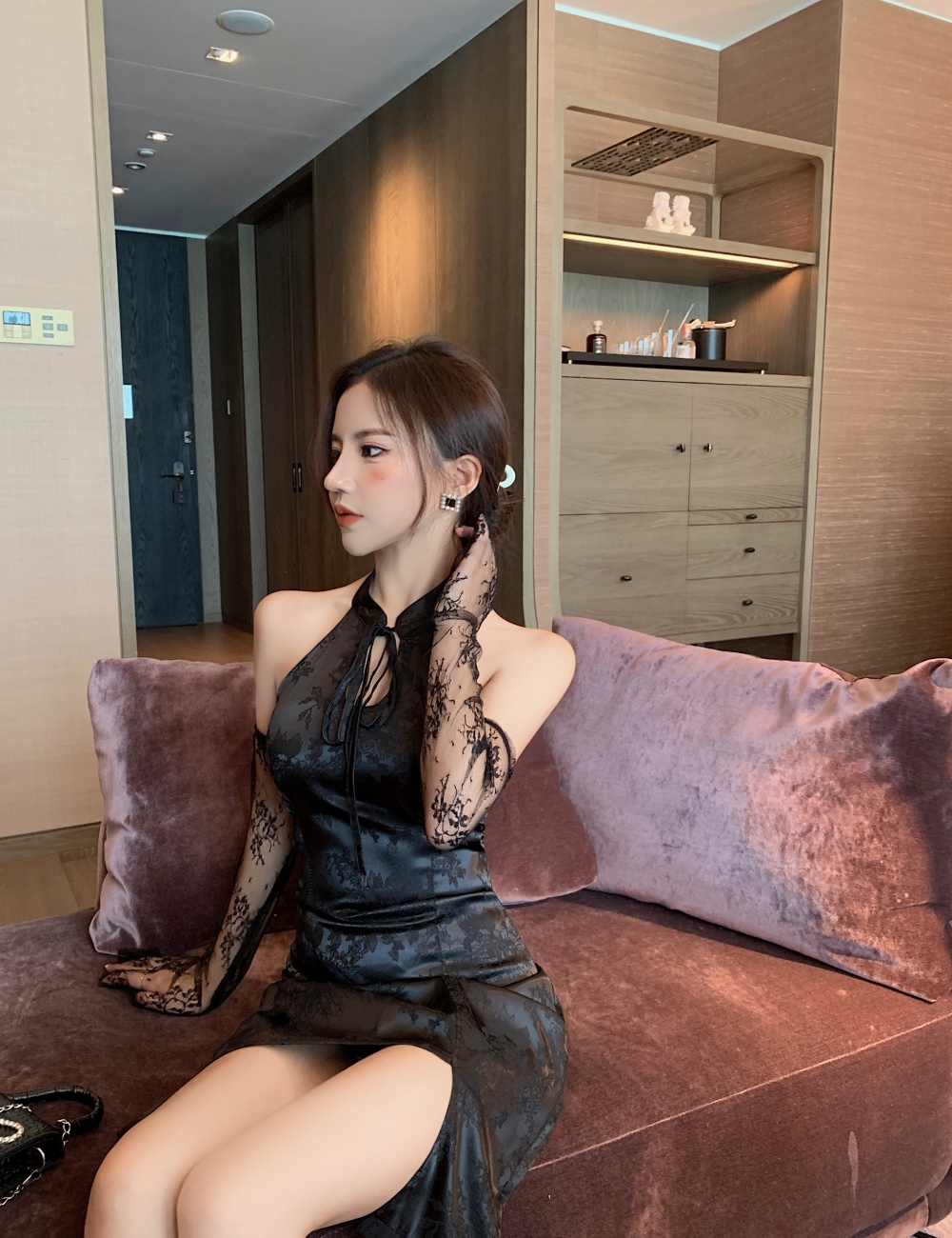 With cuff black cheongsam slim halter dress for women