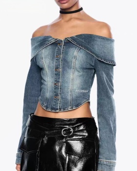 Flat shoulder denim coat long sleeve tops