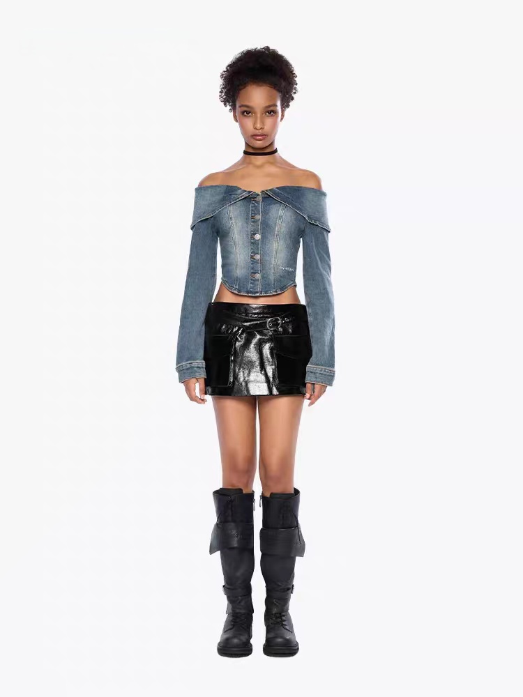 Flat shoulder denim coat long sleeve tops