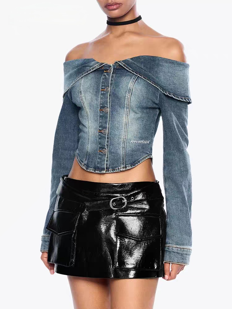 Flat shoulder denim coat long sleeve tops