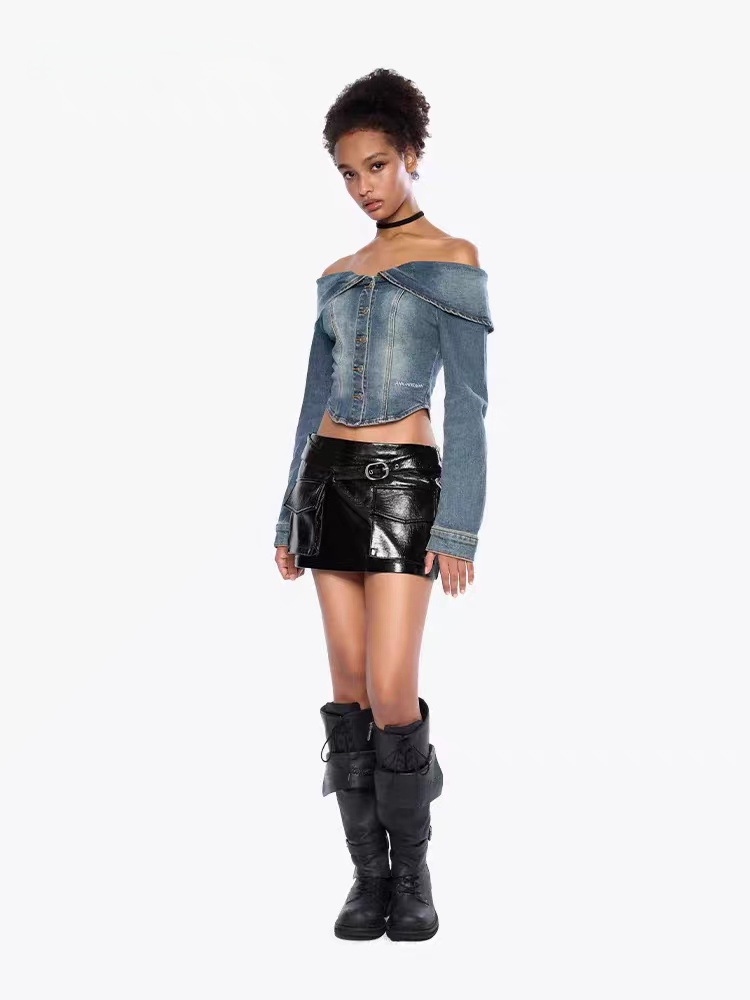 Flat shoulder denim coat long sleeve tops