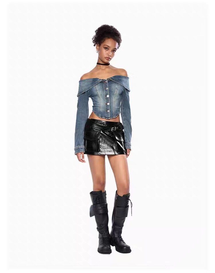 Flat shoulder denim coat long sleeve tops