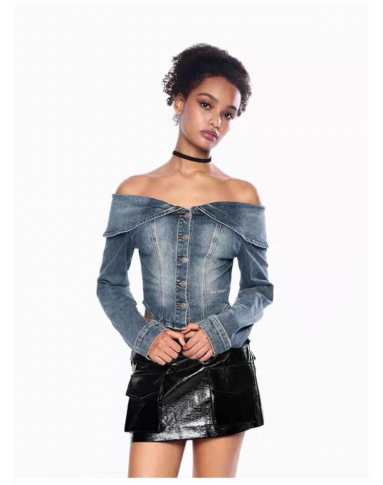 Flat shoulder denim coat long sleeve tops