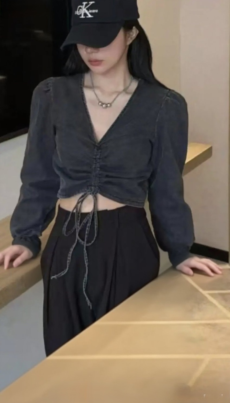 Side zip European style sexy shirt Korean style V-neck tops