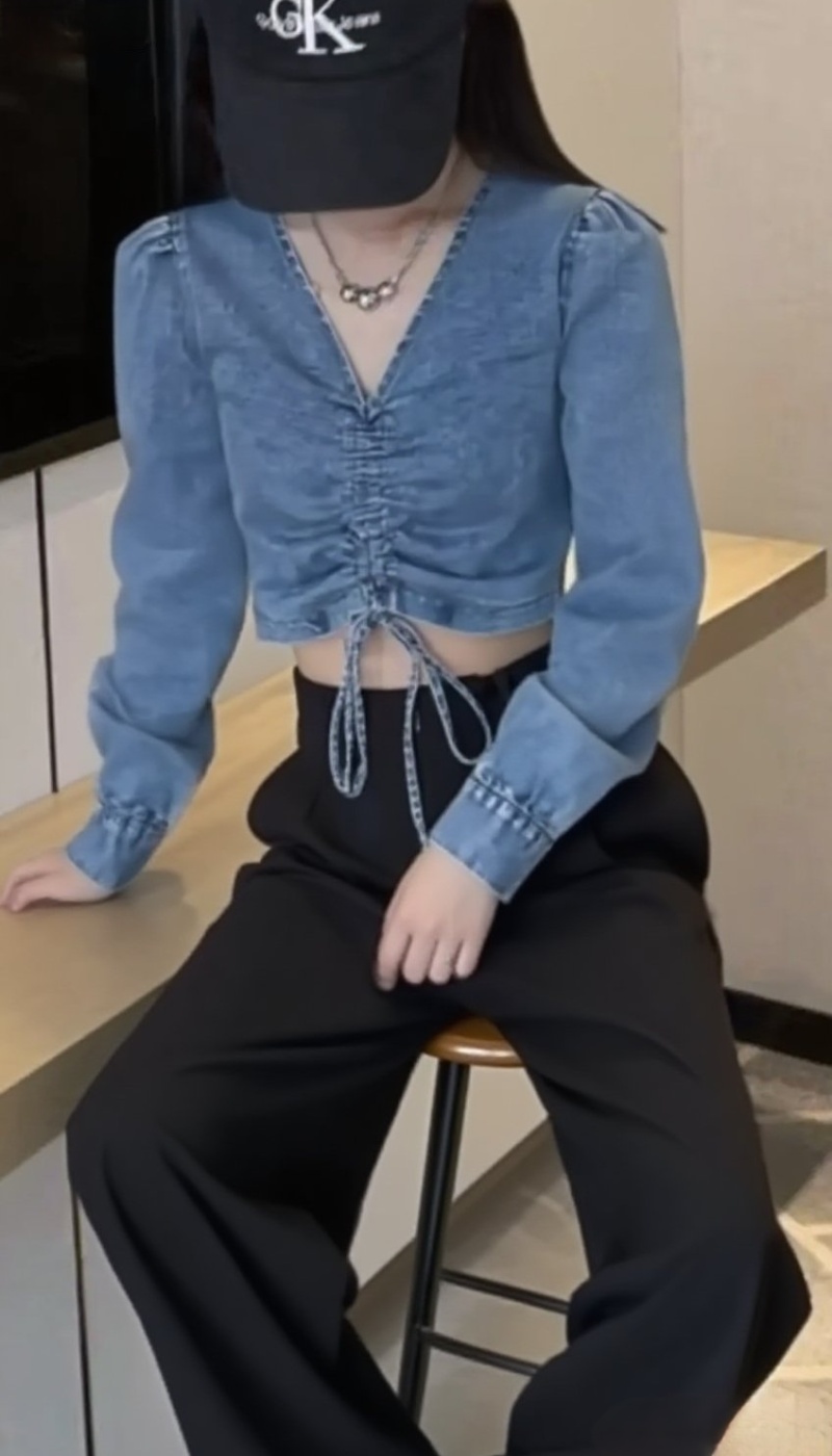 Side zip European style sexy shirt Korean style V-neck tops