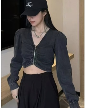 Zip denim slim smock long sleeve fold fashion shirt