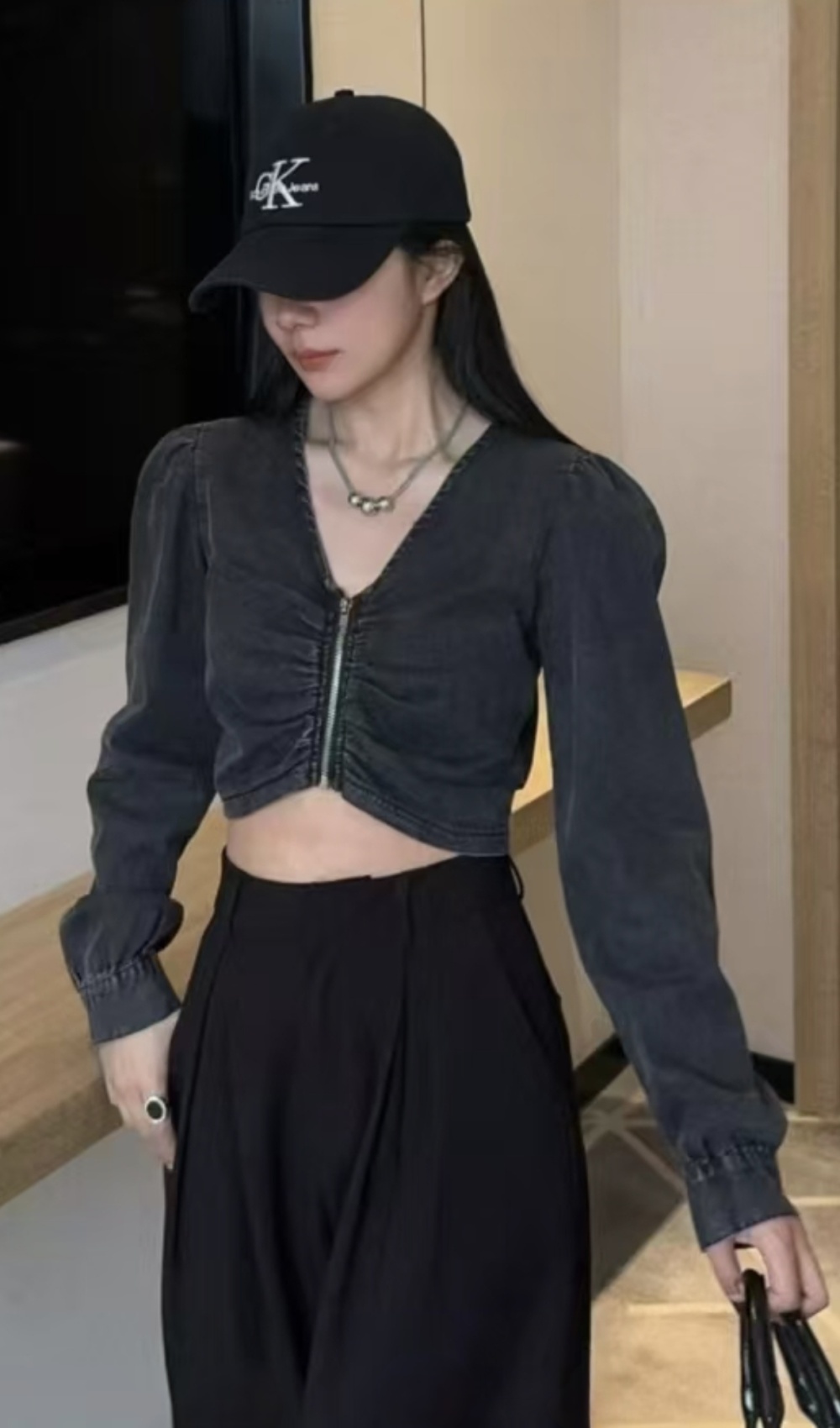 Zip denim slim smock long sleeve fold fashion shirt