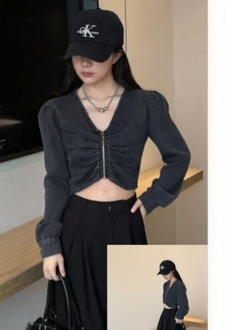 Zip denim slim smock long sleeve fold fashion shirt