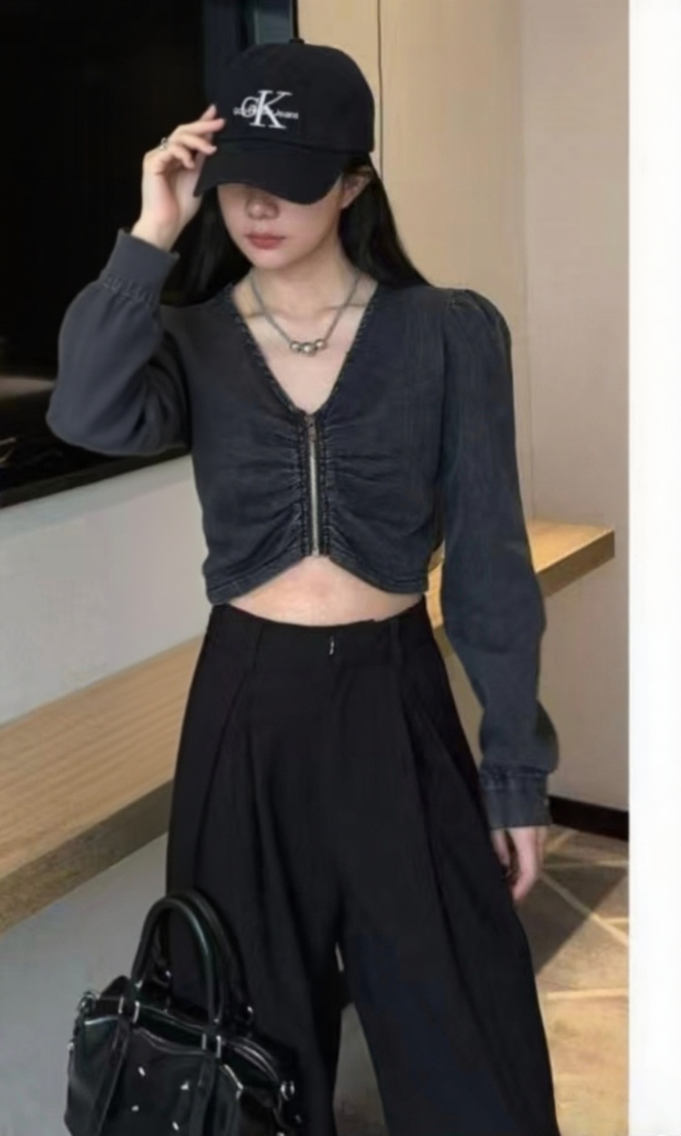 Zip denim slim smock long sleeve fold fashion shirt