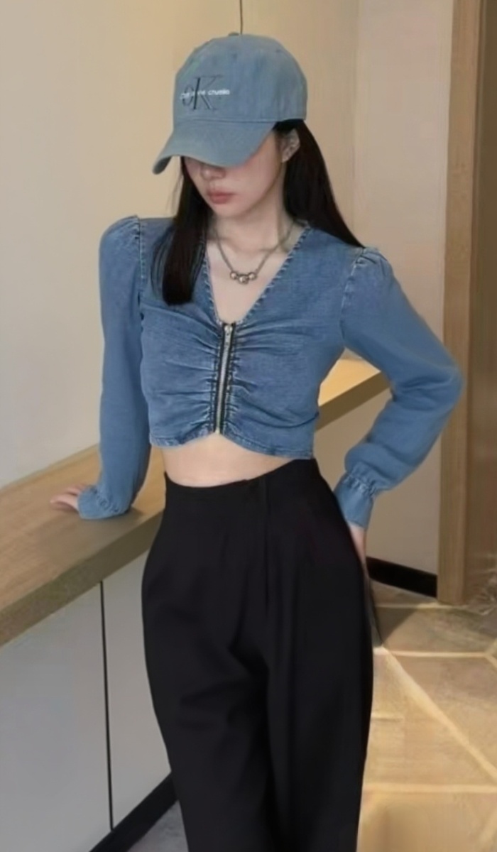 Zip denim slim smock long sleeve fold fashion shirt