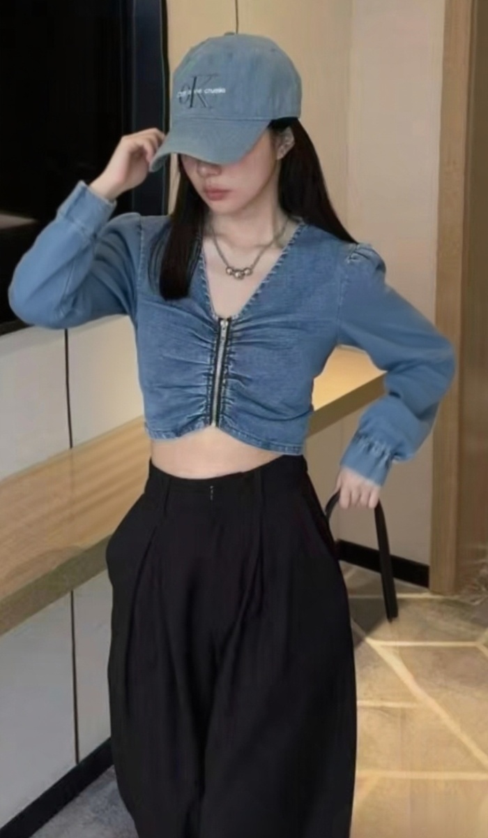 Zip denim slim smock long sleeve fold fashion shirt