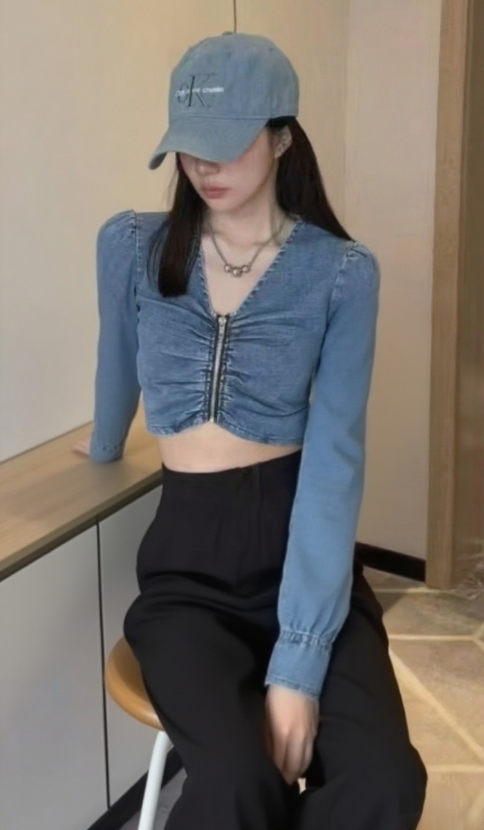 Zip denim slim smock long sleeve fold fashion shirt