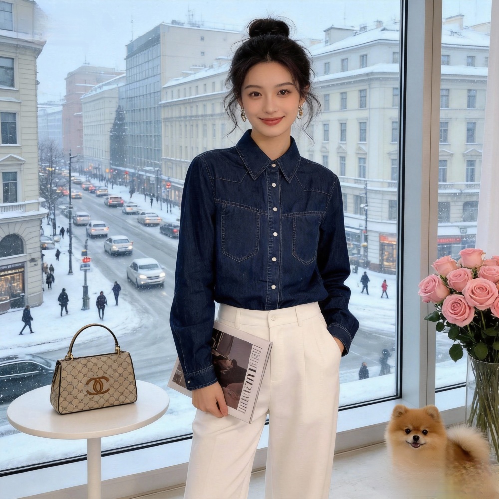 Spring and autumn denim American style retro shirt