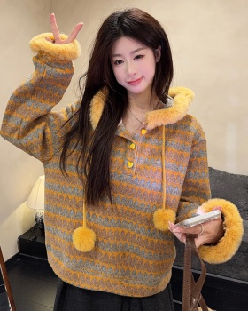 Hooded stripe tops thermal loose sweater for women