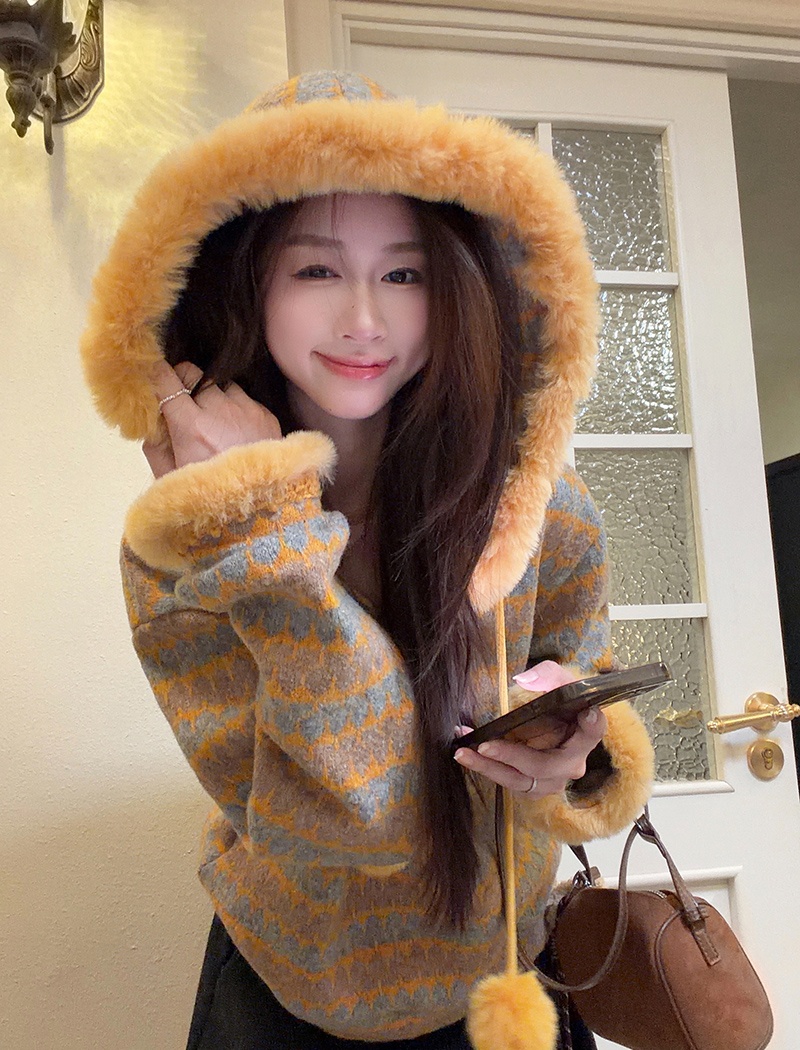 Hooded stripe tops thermal loose sweater for women