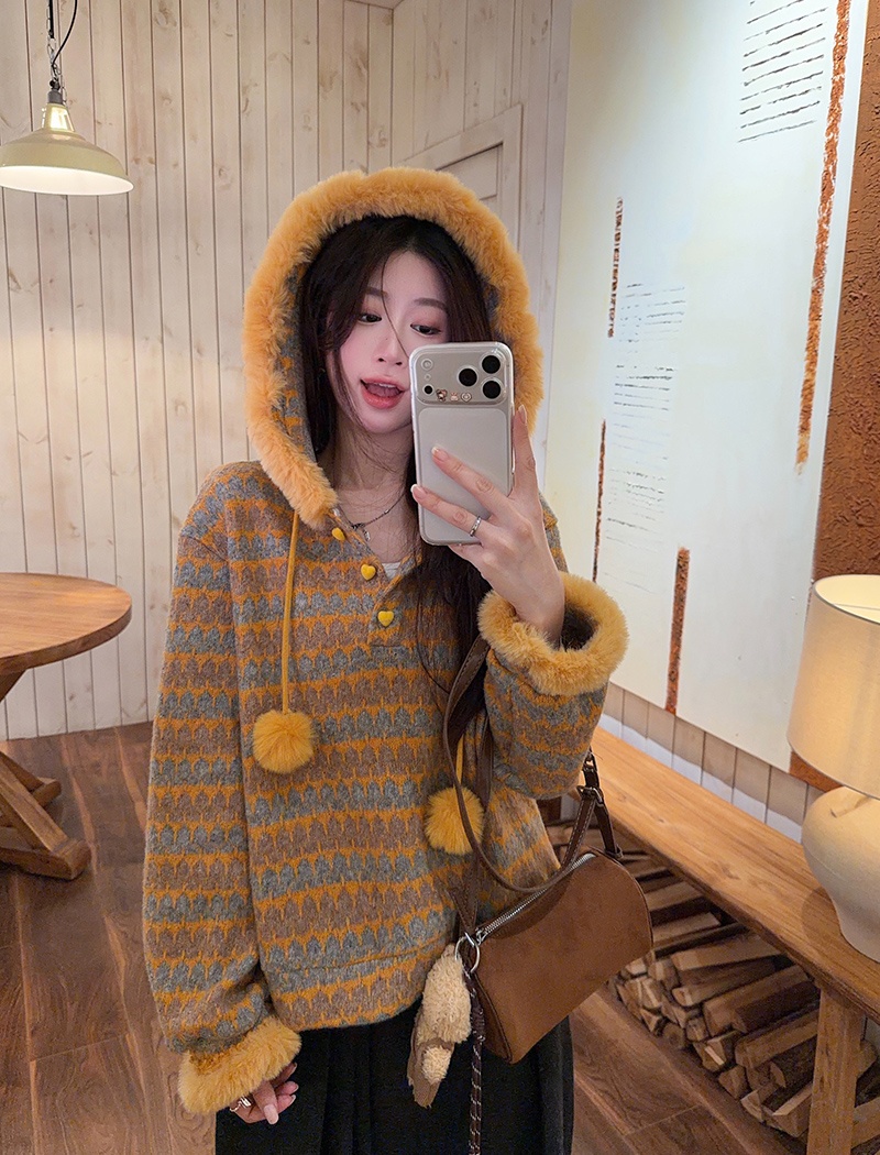 Hooded stripe tops thermal loose sweater for women
