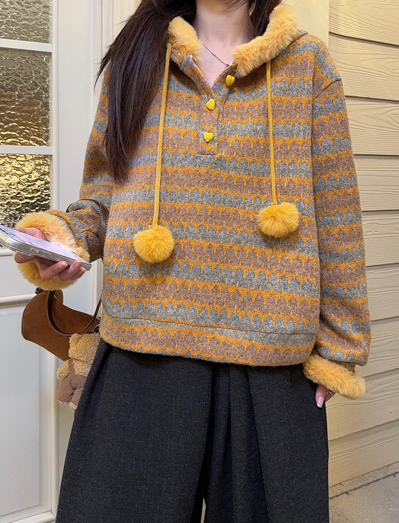 Hooded stripe tops thermal loose sweater for women