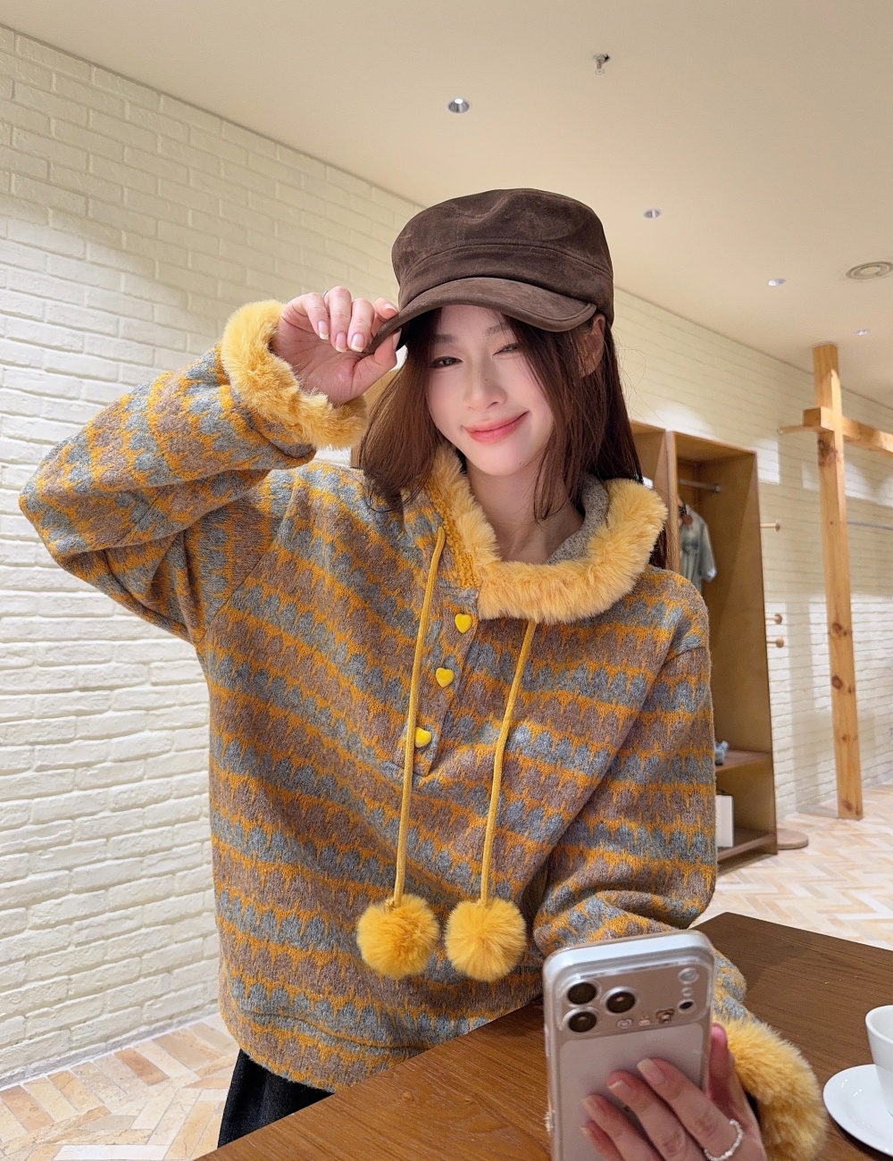 Hooded stripe tops thermal loose sweater for women