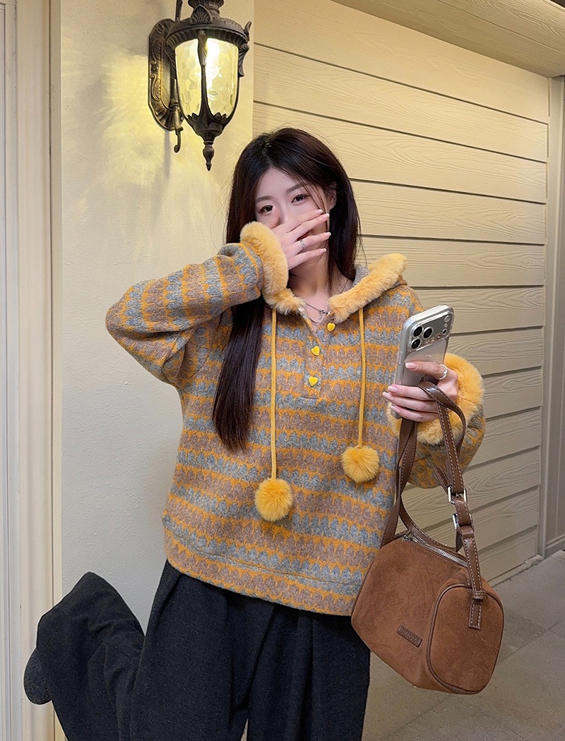 Hooded stripe tops thermal loose sweater for women