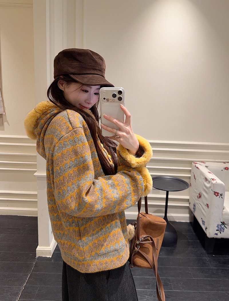 Hooded stripe tops thermal loose sweater for women