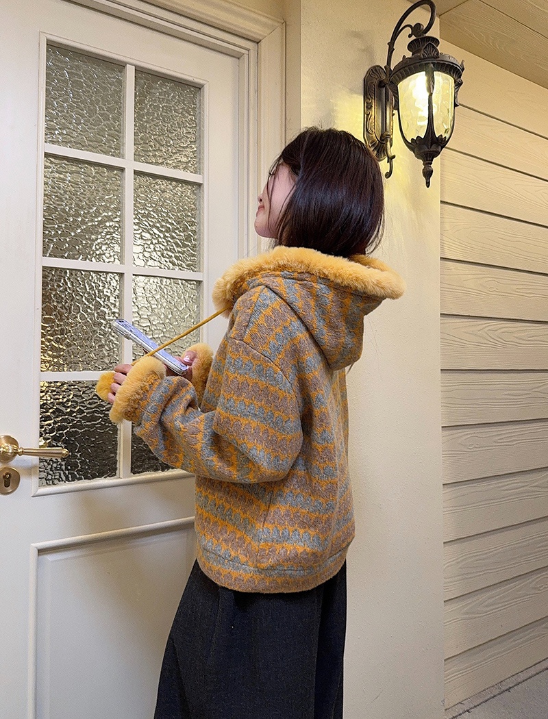 Hooded stripe tops thermal loose sweater for women