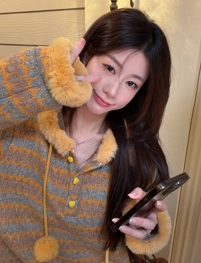 Hooded stripe tops thermal loose sweater for women