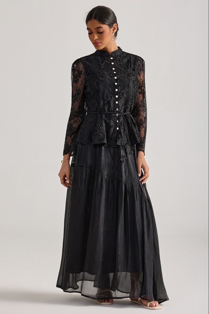 Embroidery tops long sleeve skirt 2pcs set