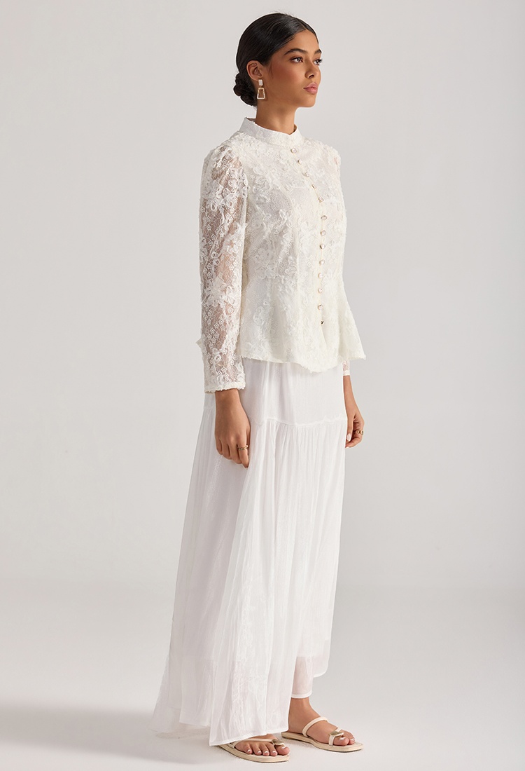 Embroidery tops long sleeve skirt 2pcs set