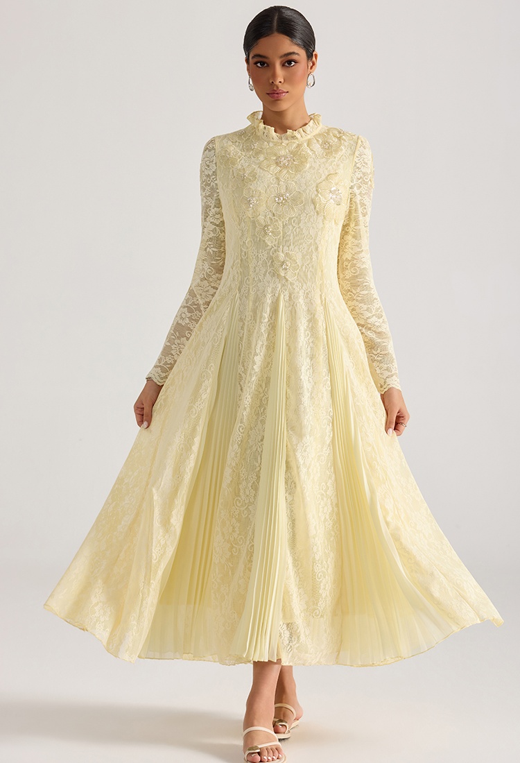 Flowers court style long dress long sleeve lace dress