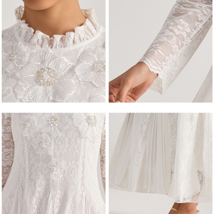 Flowers court style long dress long sleeve lace dress