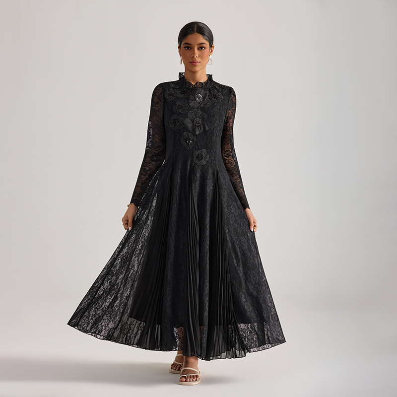 Flowers court style long dress long sleeve lace dress