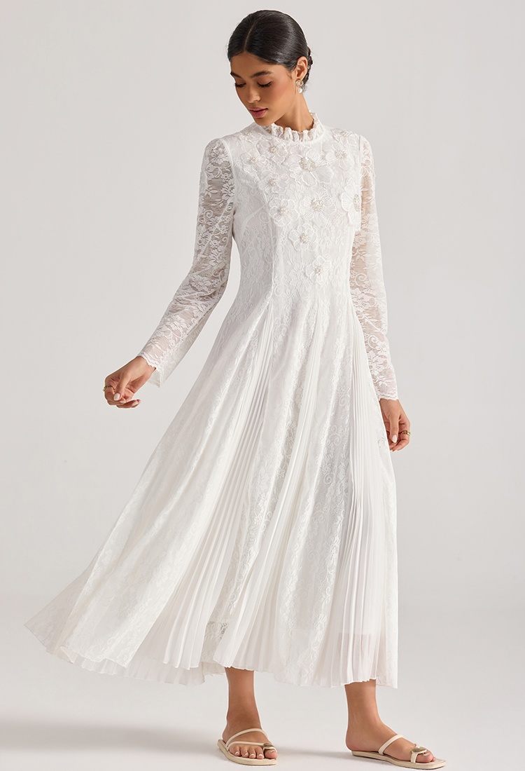 Flowers court style long dress long sleeve lace dress