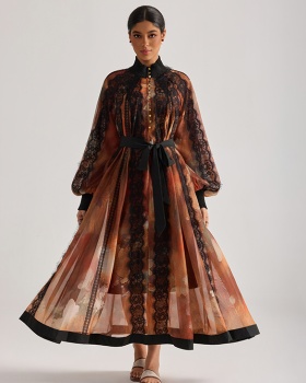 Printing flowers splice painting long sleeve dress