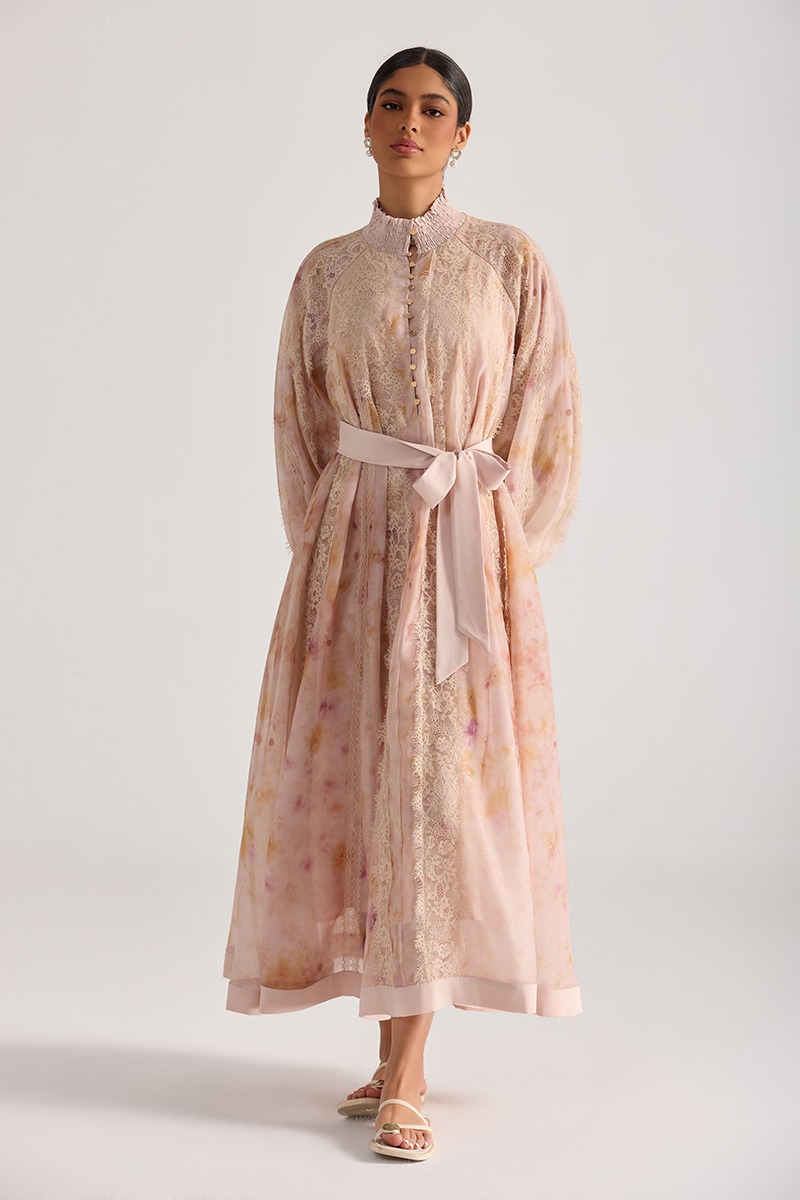 Printing flowers splice painting long sleeve dress