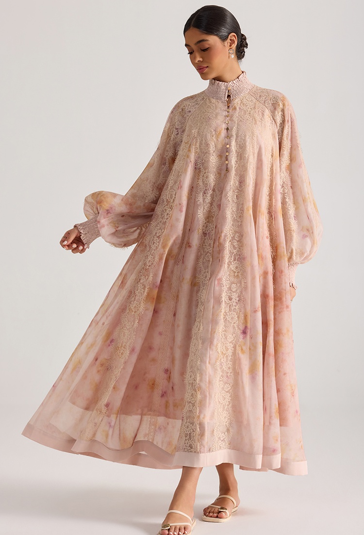 Printing flowers splice painting long sleeve dress