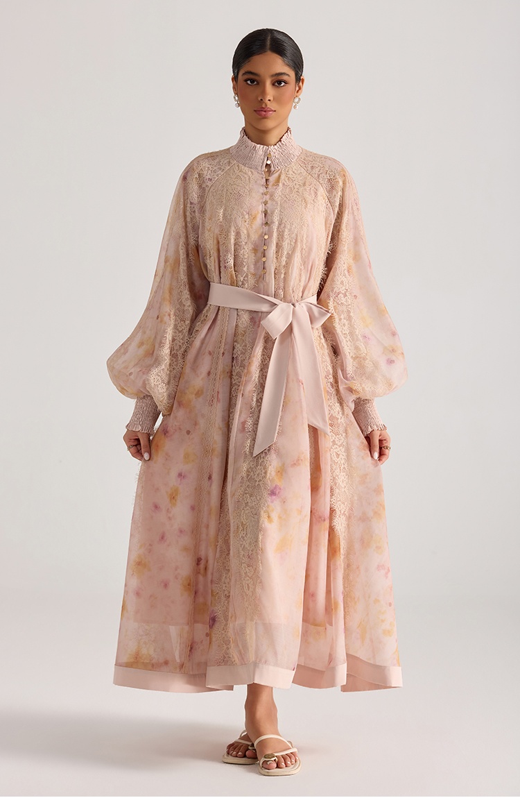 Printing flowers splice painting long sleeve dress