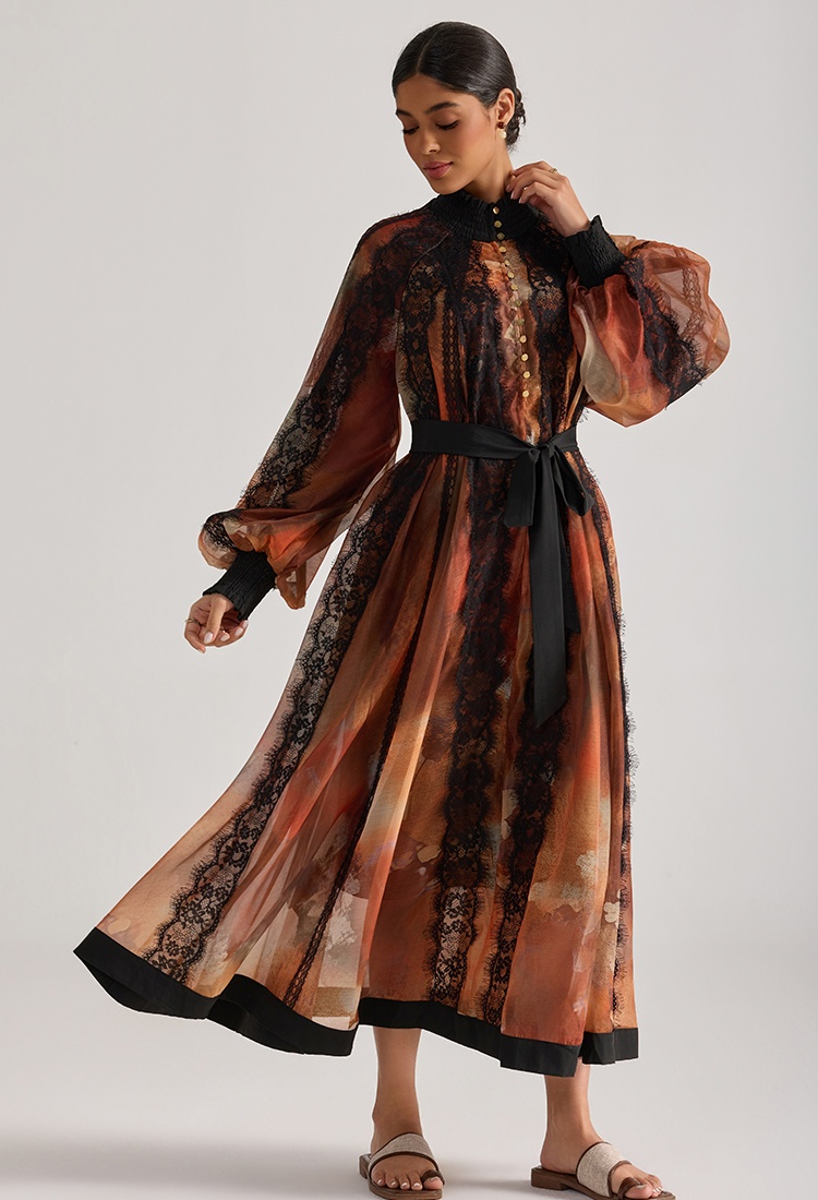 Printing flowers splice painting long sleeve dress