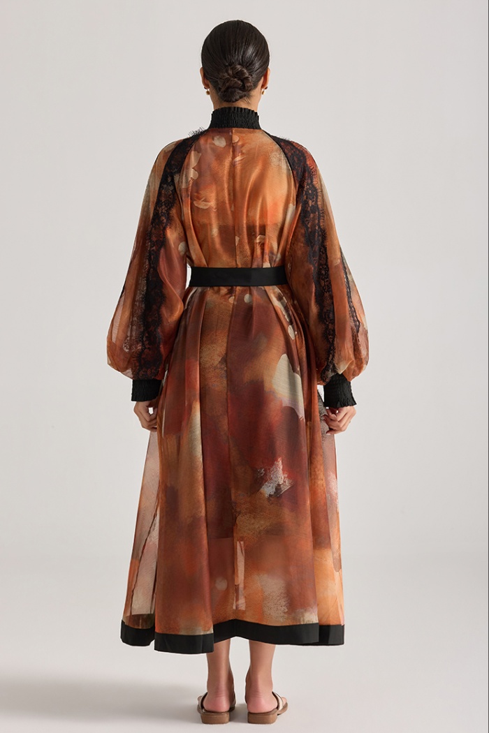 Printing flowers splice painting long sleeve dress